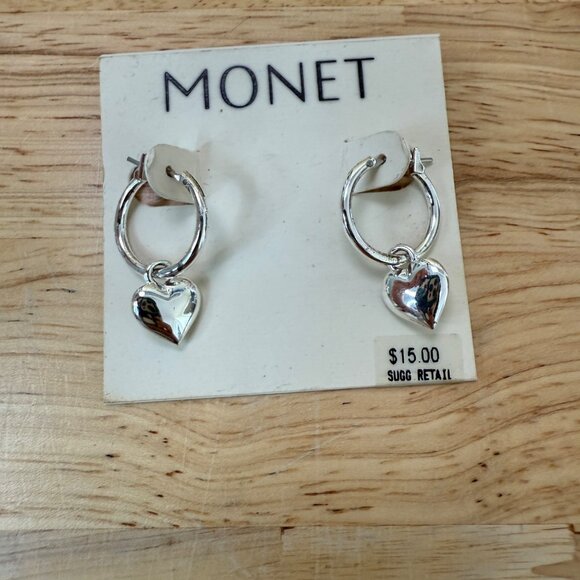 Monet Silver-Tone Hoop Earrings With Dangle Heart Charm - Picture 2 of 6